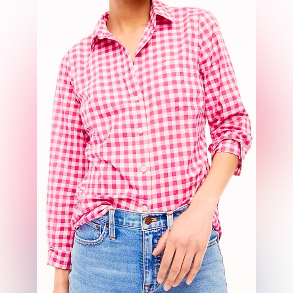 J.Crew Factory Pink Gingham Button Down Shirt SM Cotton Preppy Coastal